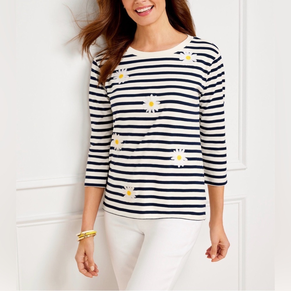 Talbots Black & White Embroidered Daisy Stripe Tee T-shirt Womens Sz Small